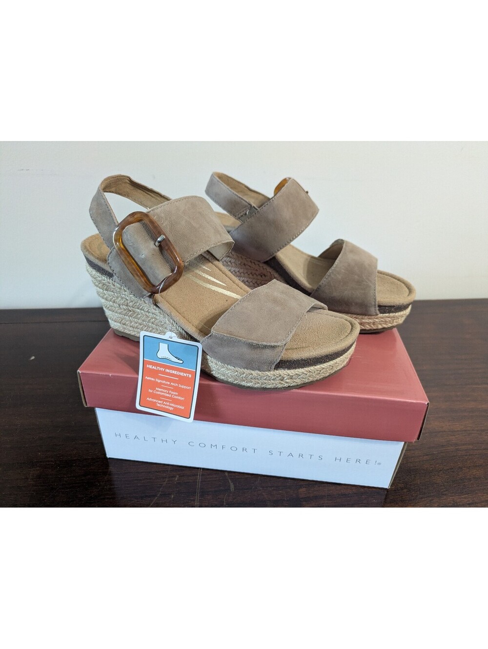 Aetrex Ashley Taupe Wedge Sandals Women's Size 6-6.5 EU 36 - New in box